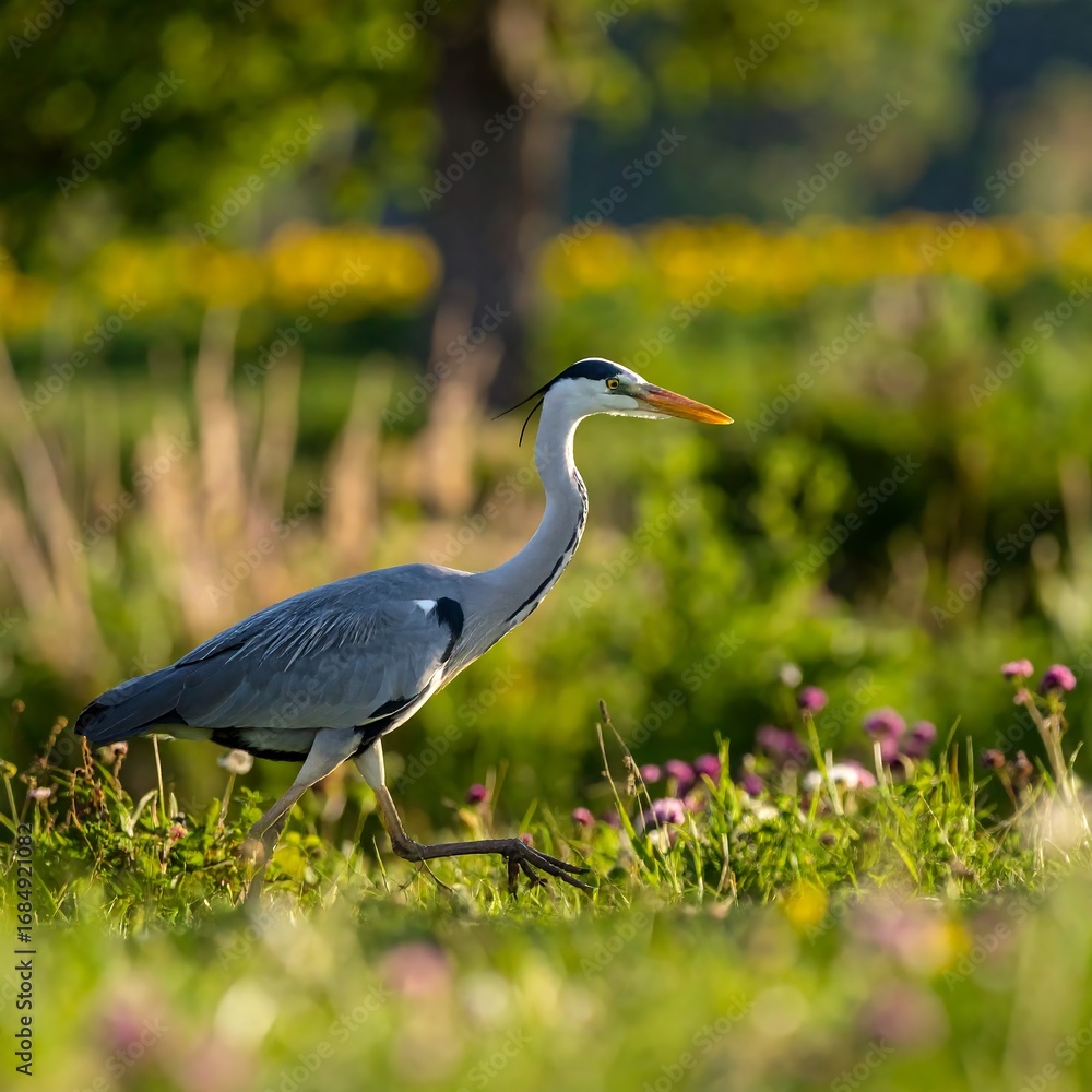 Fototapeta premium Grey heron walks through wildflowers