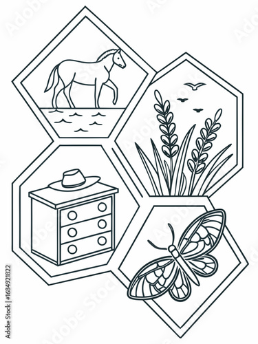 Minimilist line art illustration of horse over water, dresser with hat, wheat, and butterfly in hexagons design vector