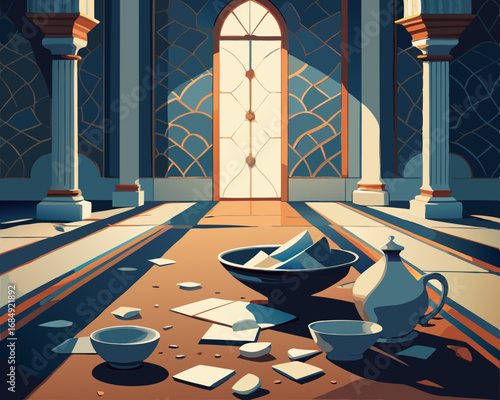 colorful illustration of a cracked porcelain scattered on an ornate rug