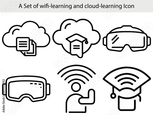 Cloud document access virtual reality goggles wireless signal person graduation cap vector