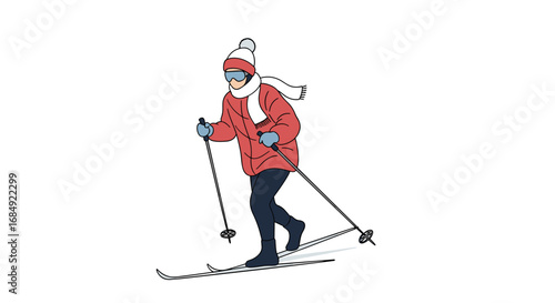Energetic skier in winter gear gracefully navigating a snowy mountain slope with poles extended for balance and propulsion