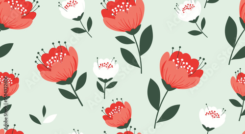 Charming vintage style floral pattern with delicate blossoms and greenery on a pale mint background