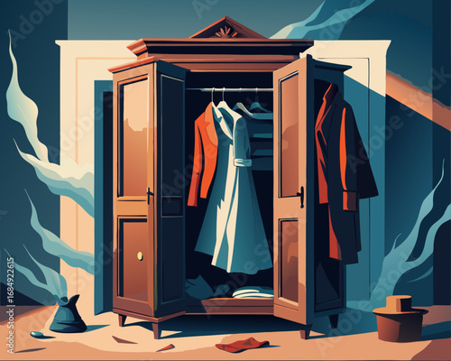 colorful illustration of a creepy cursed wardrobe