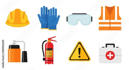 Flat vector icon set of industrial safety equipment | including hard hat, gloves, goggles, safety vest, fire extinguisher, warning sign, and first aid kit, bold flat style, isolated on white