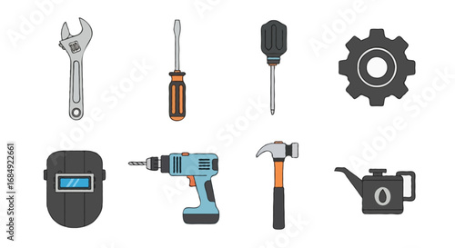 Flat vector icon set of industrial tools and machinery | including wrench, screwdriver, gear, drill machine, welding mask, hammer, and oil can, solid flat style, isolated on white background