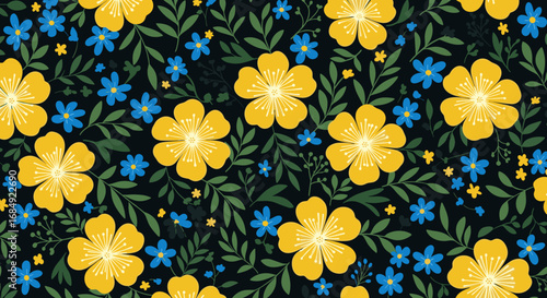 A charming collection of yellow and blue wildflowers adorning a dark green foliage background
