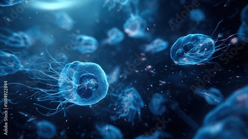 Surreal underwater scene with eerie blue-lit bacteria shapes, representing hidden dangers.