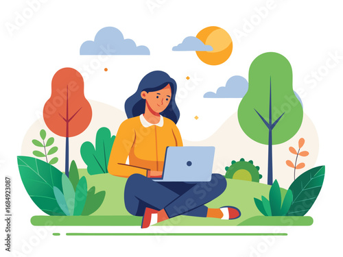 Professional woman working remotely outdoors on laptop in a sunny park setting