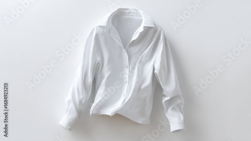 White button-down shirt, draped, on hanger