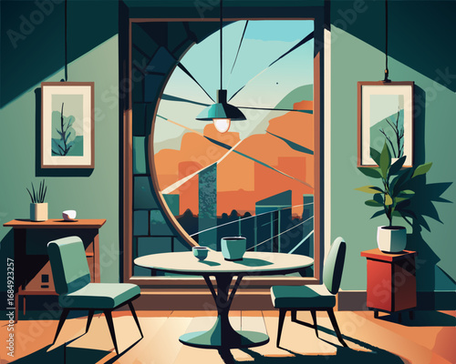 colorful illustration of a dining room with cracked wiindows