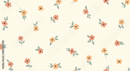 A charming watercolor floral pattern featuring small blossoms in warm tones scattered across a creamy background perfect for spring designs