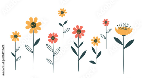 Charming collection of stylized spring flowers in warm earthy tones for decorative use