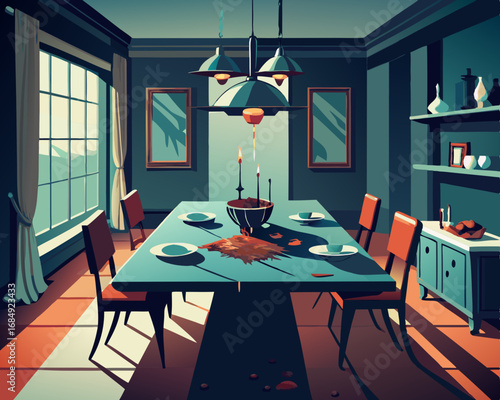 colorful illustration of a dining room with rotting feast still on the table