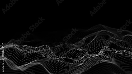 Futuristic technology wave. Digital cyberspace. Abstract wave with moving particles on a black background. Big data analytics. 3d rendering.