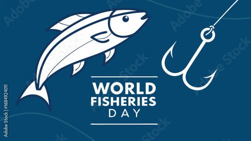 World fisheries day with fish and fishing hook on blue background