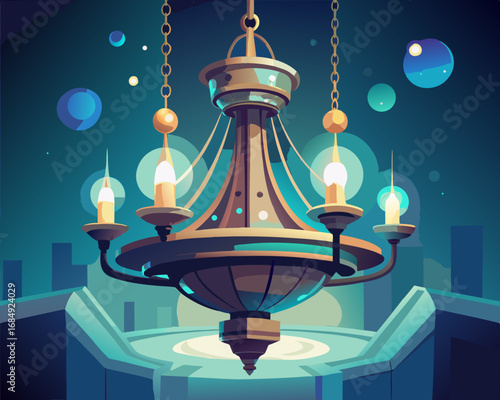 colorful illustration of a dusty chandelier with flying orbs