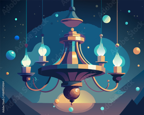 colorful illustration of a dusty chandelier with flying orbs