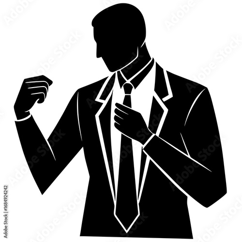 Black silhouette man adjusting tie and flexing arm