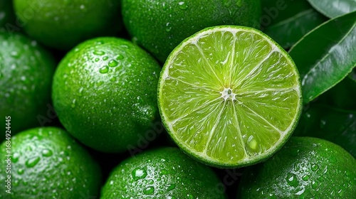 Fresh Green Limes on Dark Background, Half Cut Lime Showing Juicy Interior and Texture