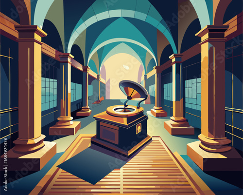 colorful illustration of a dusty music box in the hallway