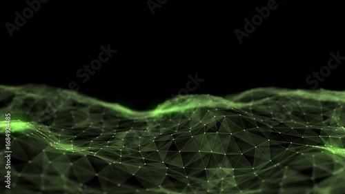 Abstract technology wave of particles and lines. Big data visualization. Dark background with motion dots and lines. Artificial intelligence. 3d rendering.