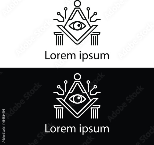 Design a futuristic emblem blending mysticism and technology: a triangle with an all-seeing eye, circuit lines radiating upward, and symmetrical architectural elements. Symbolic, sleArt & Illustration