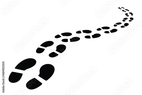 Black shoe footprints curving upwards on a white background representing a journey