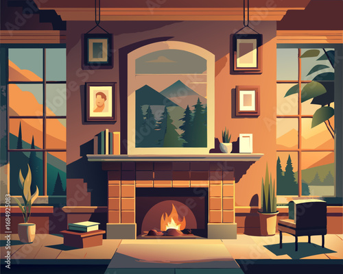 colorful illustration of a scandinavian fireplace room with painting on the wall