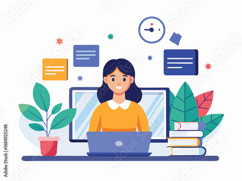 Young woman studying online with laptop and computer learning new skills