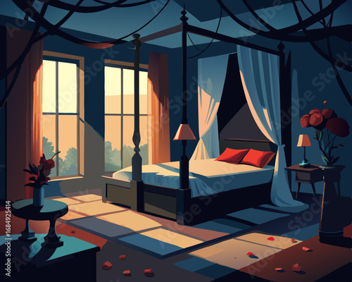 colorful illustration of a creepy bedroom with canopy bed covered in wilted fabric