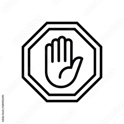 Simple black and white icon of a hand and octagon stop sign