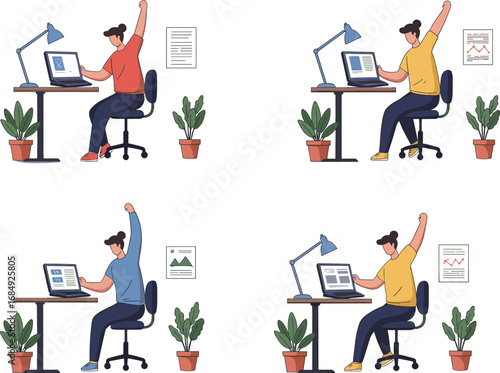 Happy young woman working at desk, celebrating success, raising hand, home office, laptop, productivity, remote work, positive achievement