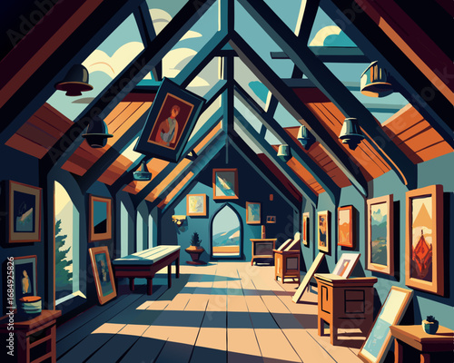 colorful illustration of a gothic attic filled with forgotten paintings 