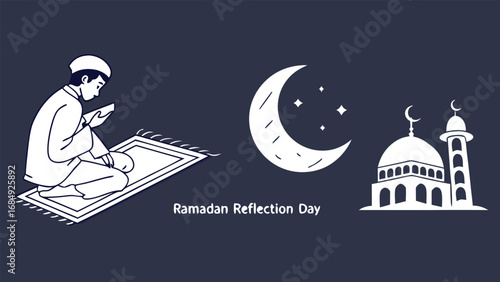 Ramadan reflection day with man praying mosque and crescent moon