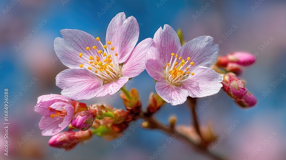 Fototapeta premium Close-up of two delicate pink cherry blossoms against a soft blue background