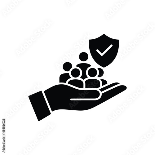 Hand holding group of people under a shield with check mark symbolizing protection and security