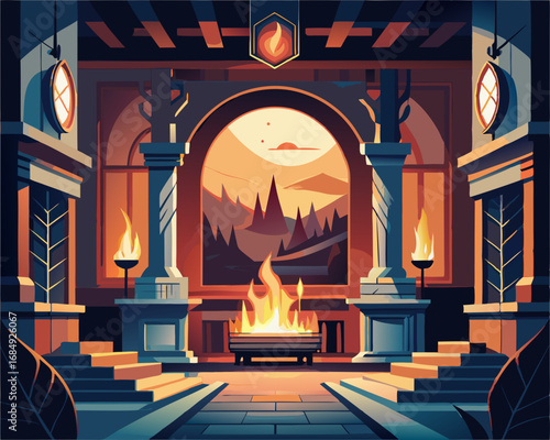 colorful illustration of a grand classic fireplace room