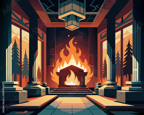 colorful illustration of a grand classic fireplace room