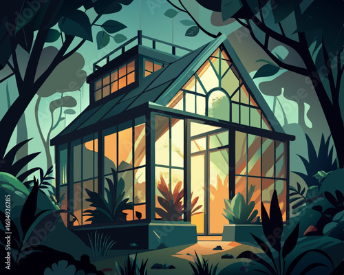 colorful illustration of a hunted greenhouse with overgrown plants