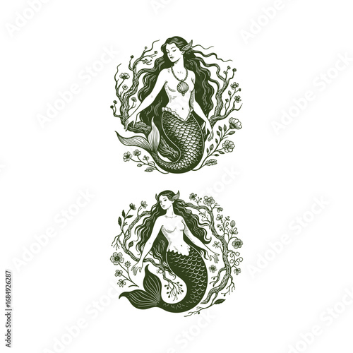 Engraving mermaid logo design, featuring a mythical sea maiden with flowing hair and fish tail surrounded by floral frame