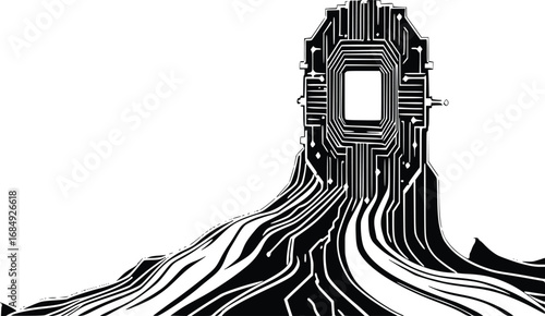 Digital Microchips and Black and White Connection Lines 