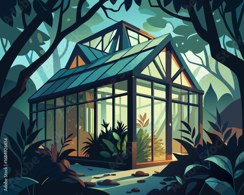 colorful illustration of a hunted greenhouse with overgrown plants