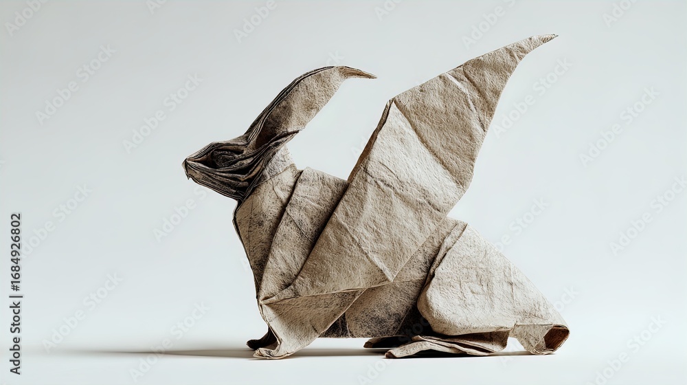 Fototapeta premium stunning dual-tone origami chimera: photorealistic 3d render ideal for sports interior posters, showcasing intricate textures and soft lighting on a minimalist white background