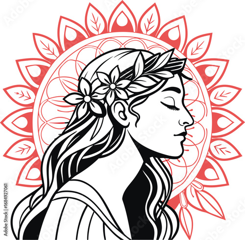 Profile silhouette of a woman with laurel wreath and floral accents female face