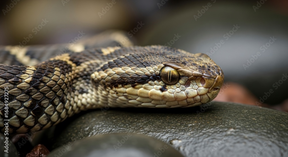Fototapeta premium Close-up view of a snake's head and upper body, displaying intricate patterns and textures on its scales.