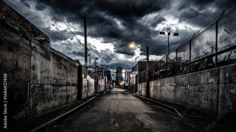 Naklejka premium Urban alley sealed off by metal gates and barricades under camouflage netting, with dim streetlights evoking martial law tension and confinement