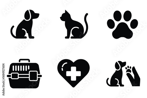 Collection of pet care and veterinary icons representing dogs cats and animal health