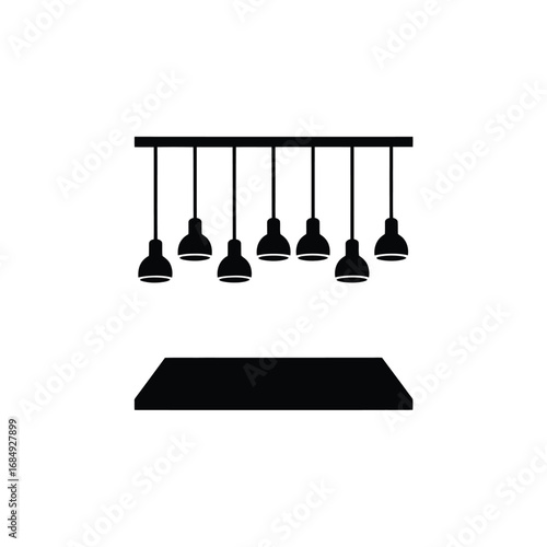 Modern minimalist black and white illustration of a pendant light fixture with multiple bulbs above a platform