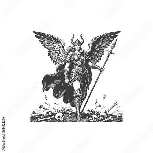 Engraving Valkyrie warrior logo, featuring a winged female fighter in armor with spear and sword standing on skulls