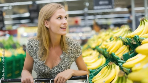 A woman with a shopping cart selects bananas in the store.